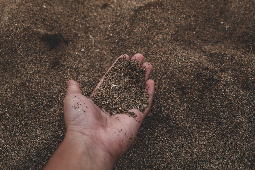 Atma-tattva i uništenje materijalnog svijeta - simbolizirano rukom koja uzima pijesak s plaže.