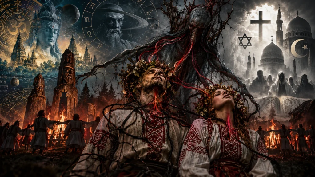 Neoslavensko rodnovjerje prikazano kroz mračnu simboličnu ilustraciju slavenskih rituala, astralnih entiteta i duhovnog parazitizma.
